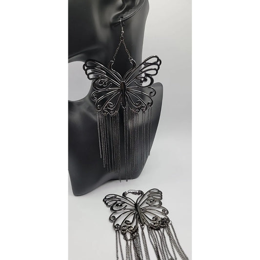 XXL Butterfly Runway Earrings Black Butterfly Tassel Statement Dangle Hooks  8"+