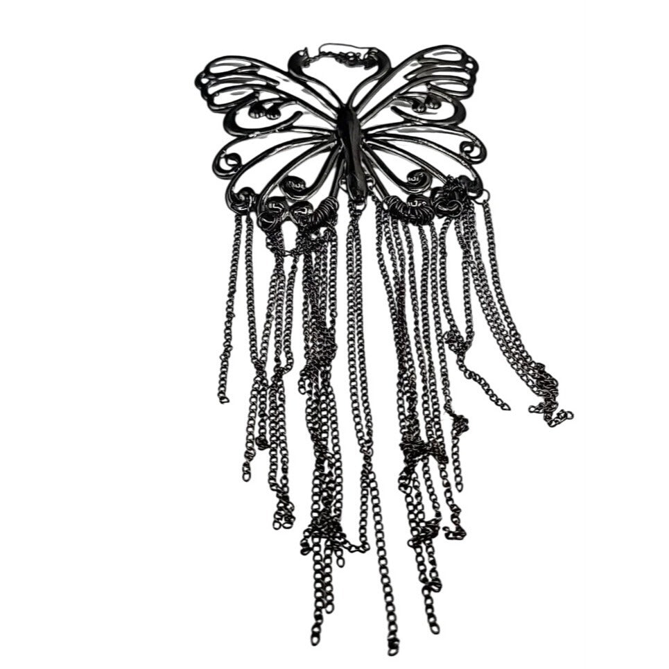 XXL Butterfly Runway Earrings Black Butterfly Tassel Statement Dangle Hooks  8"+