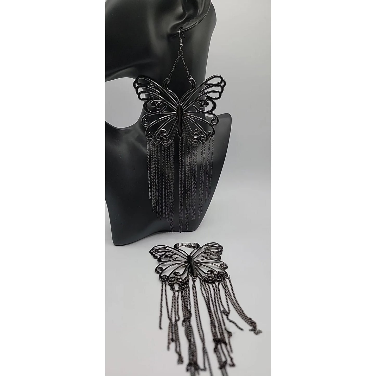 XXL Butterfly Runway Earrings Black Butterfly Tassel Statement Dangle Hooks  8"+