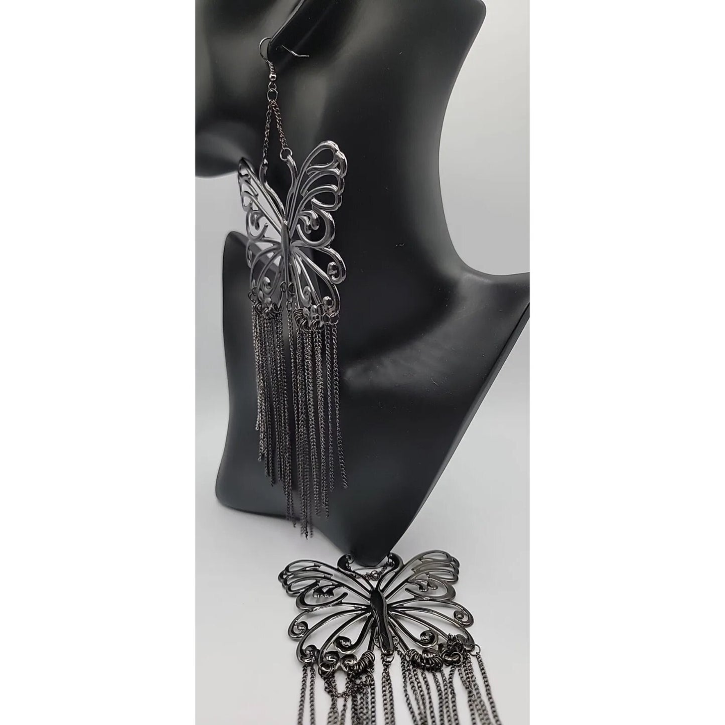 XXL Butterfly Runway Earrings Black Butterfly Tassel Statement Dangle Hooks  8"+