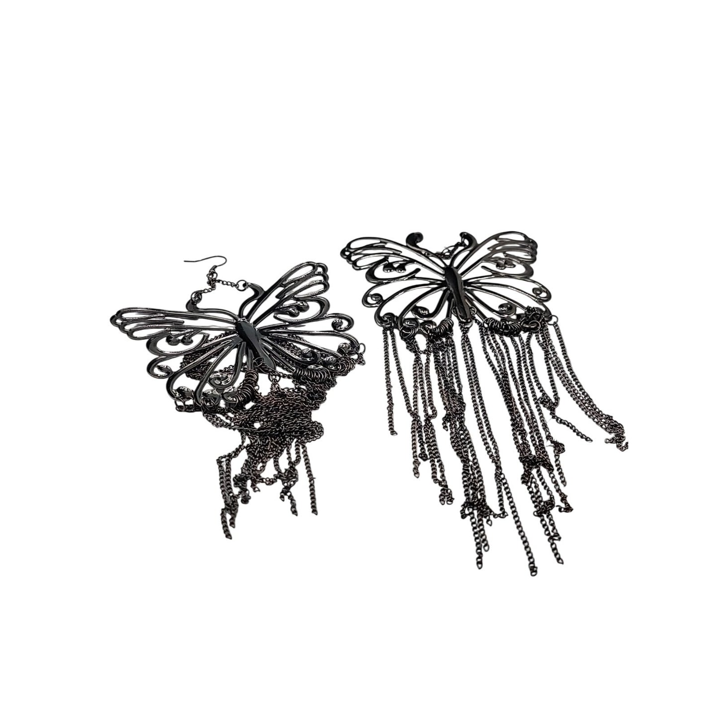 XXL Butterfly Runway Earrings Black Butterfly Tassel Statement Dangle Hooks  8"+