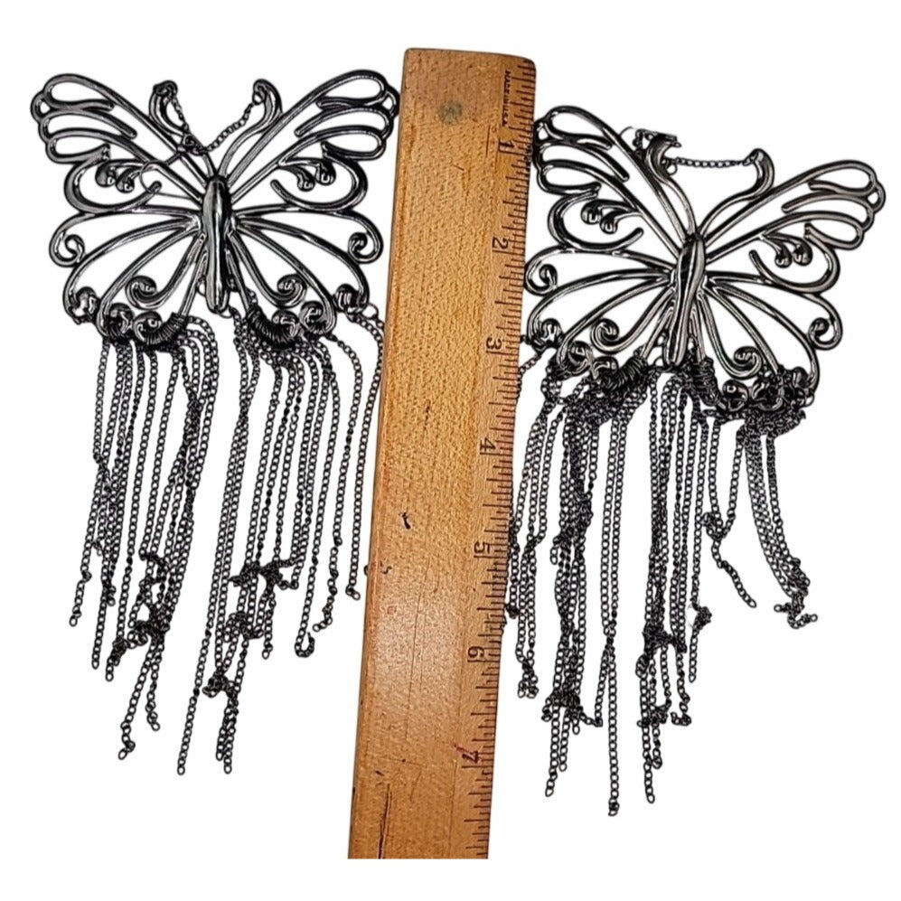 XXL Butterfly Runway Earrings Black Butterfly Tassel Statement Dangle Hooks  8"+