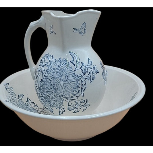 Antique Keeling Co Ironstone Wash Basin Pitcher Set Blue White Floral Butterfly