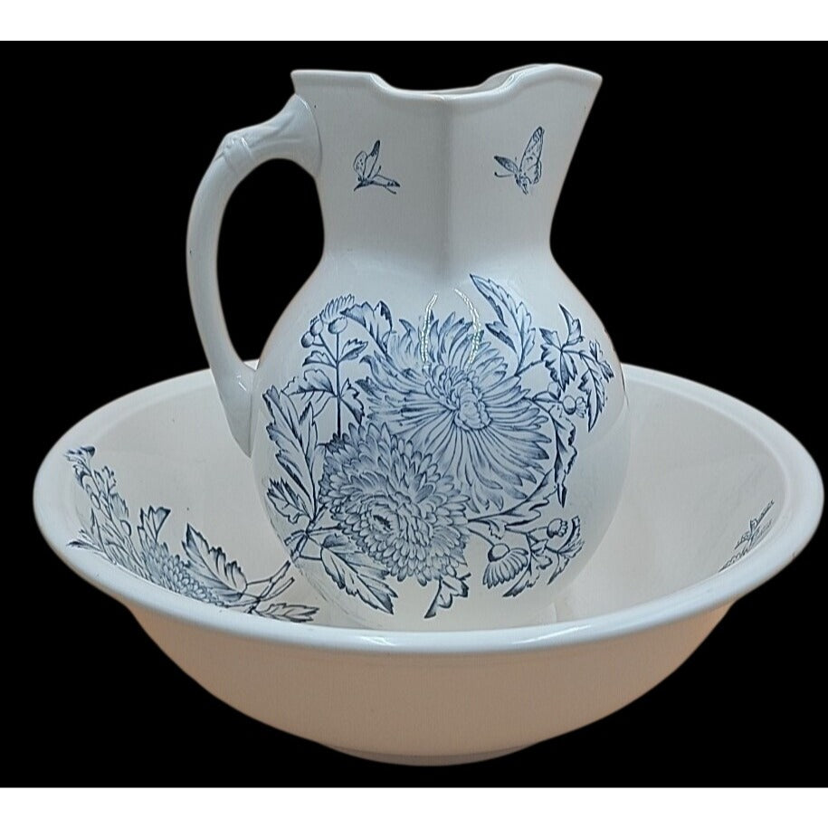Antique Keeling Co Ironstone Wash Basin Pitcher Set Blue White Floral Butterfly