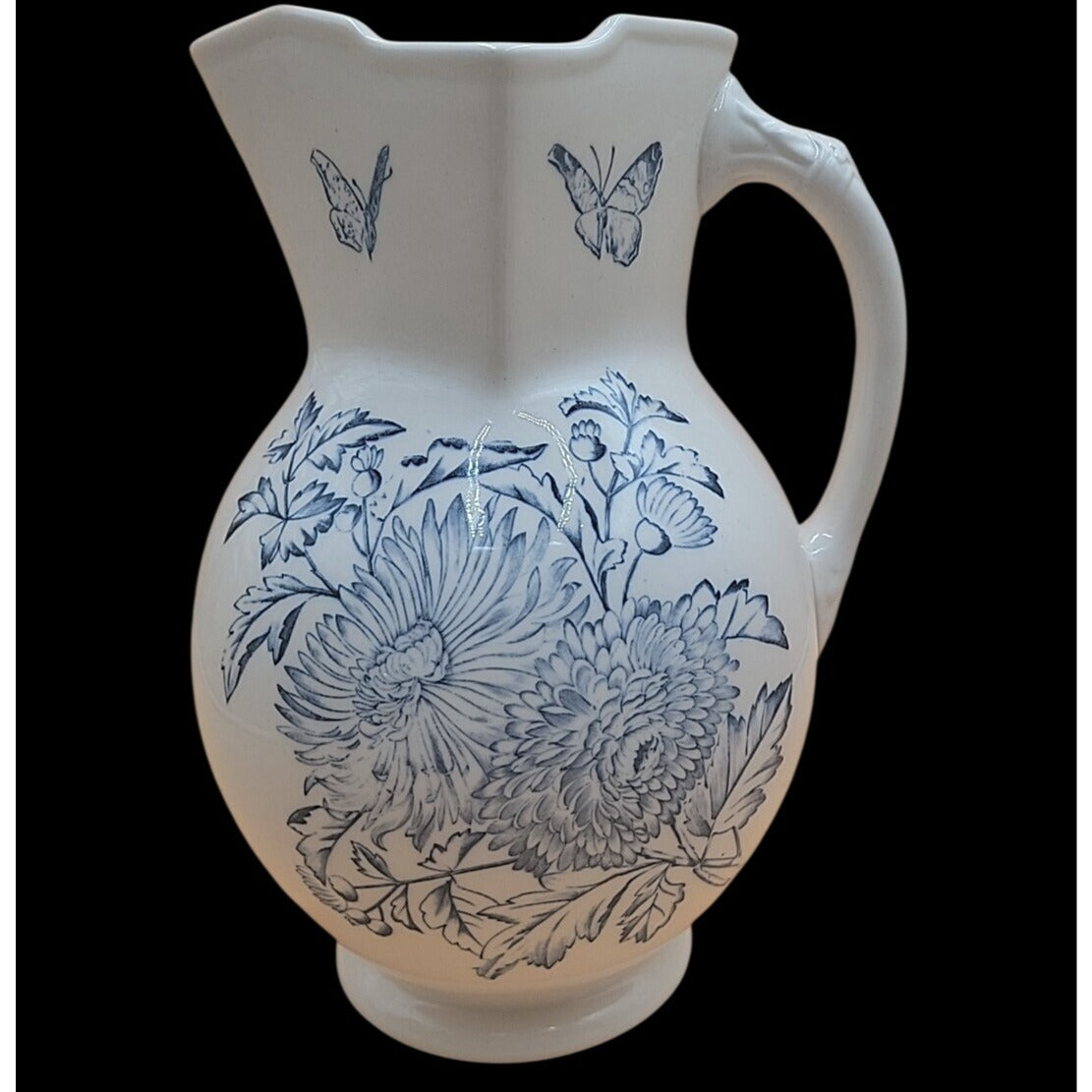 Antique Keeling Co Ironstone Wash Basin Pitcher Set Blue White Floral Butterfly
