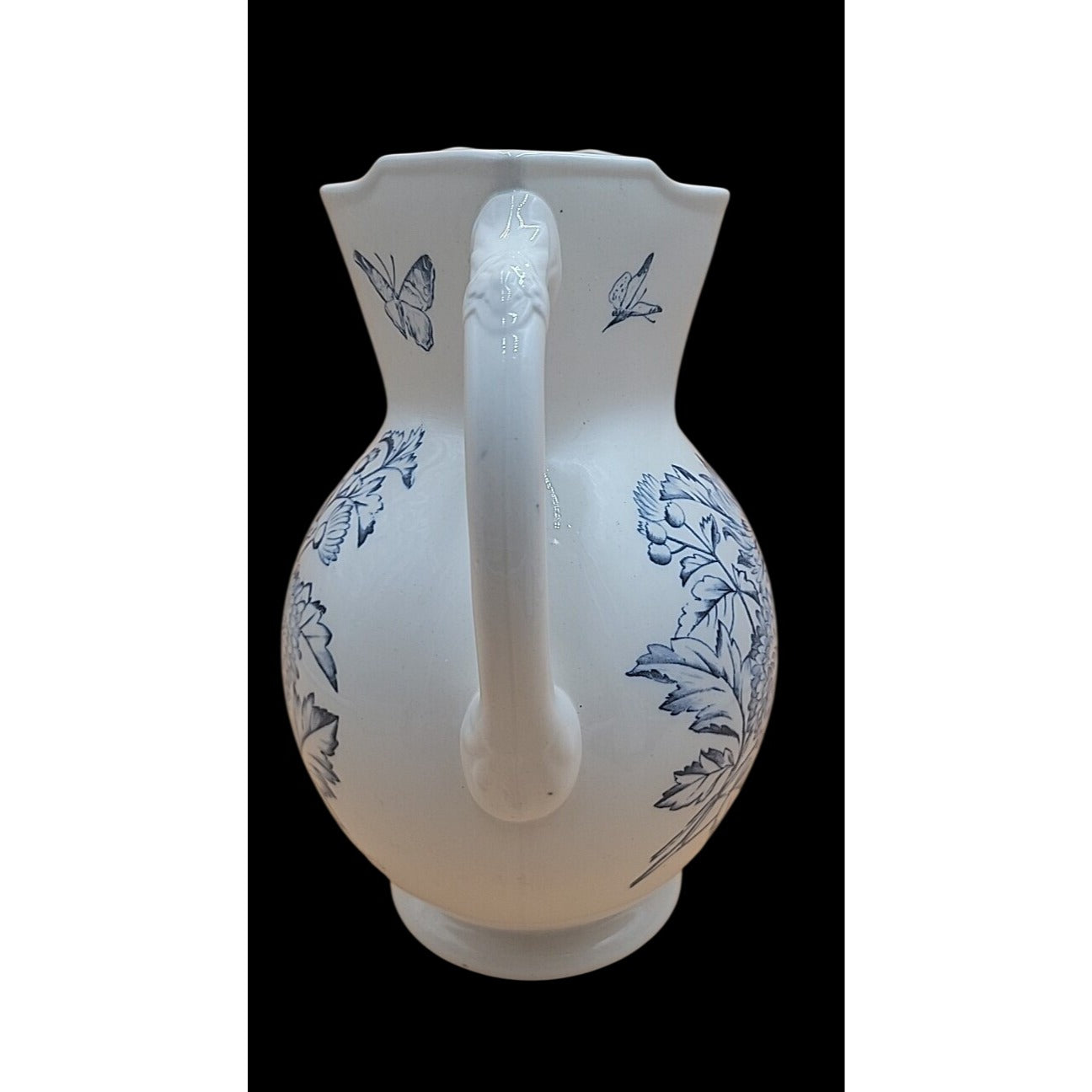 Antique Keeling Co Ironstone Wash Basin Pitcher Set Blue White Floral Butterfly