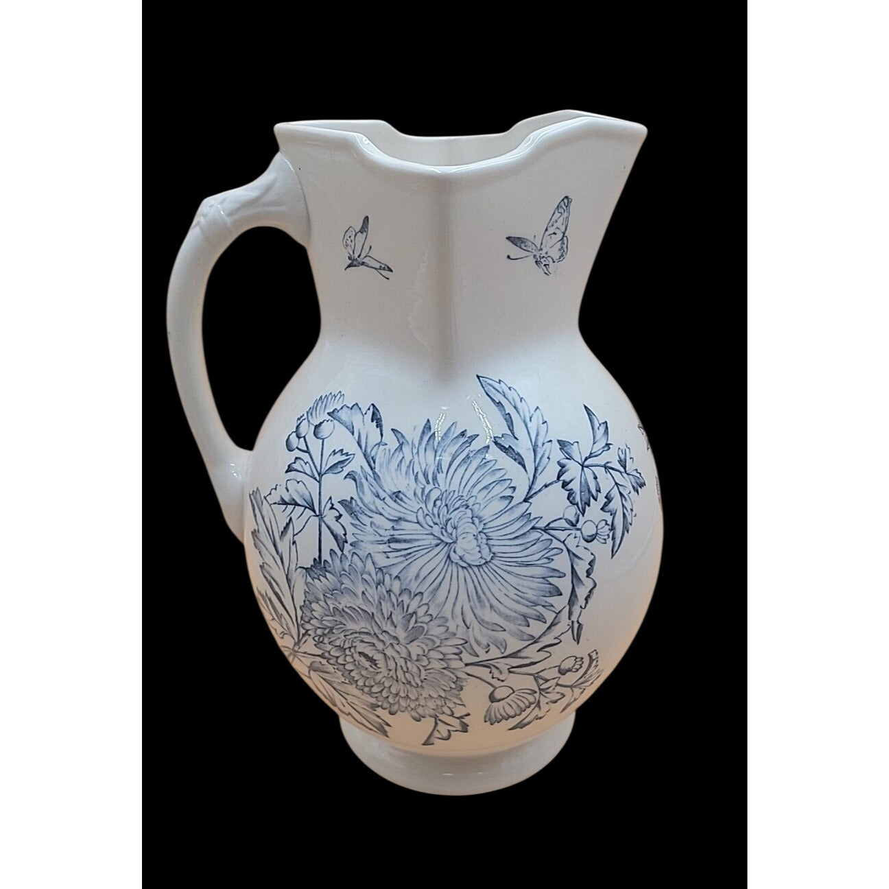 Antique Keeling Co Ironstone Wash Basin Pitcher Set Blue White Floral Butterfly