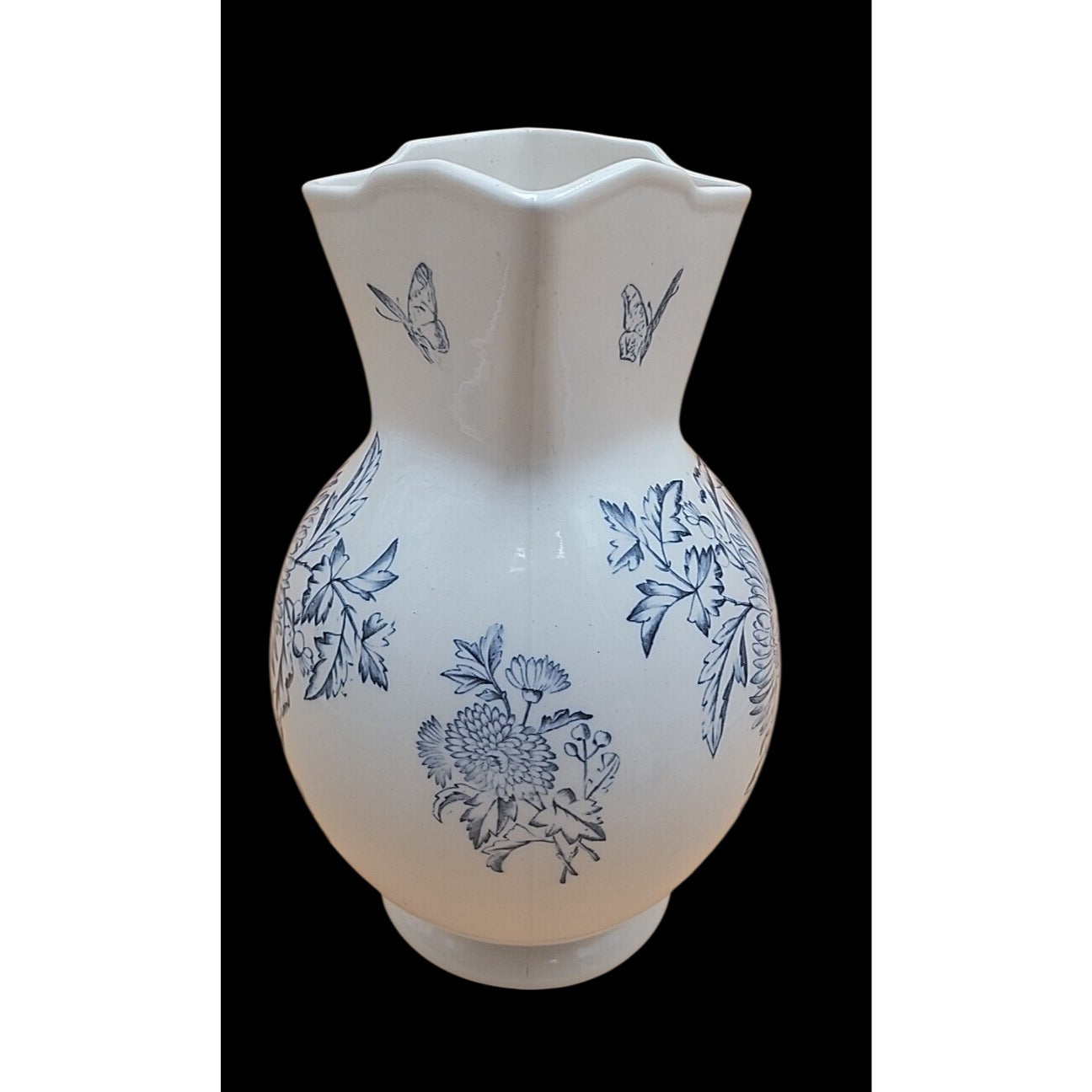 Antique Keeling Co Ironstone Wash Basin Pitcher Set Blue White Floral Butterfly