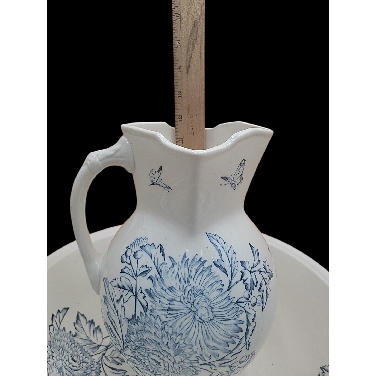 Antique Keeling Co Ironstone Wash Basin Pitcher Set Blue White Floral Butterfly