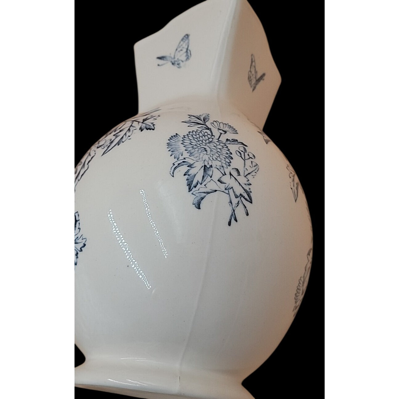 Antique Keeling Co Ironstone Wash Basin Pitcher Set Blue White Floral Butterfly