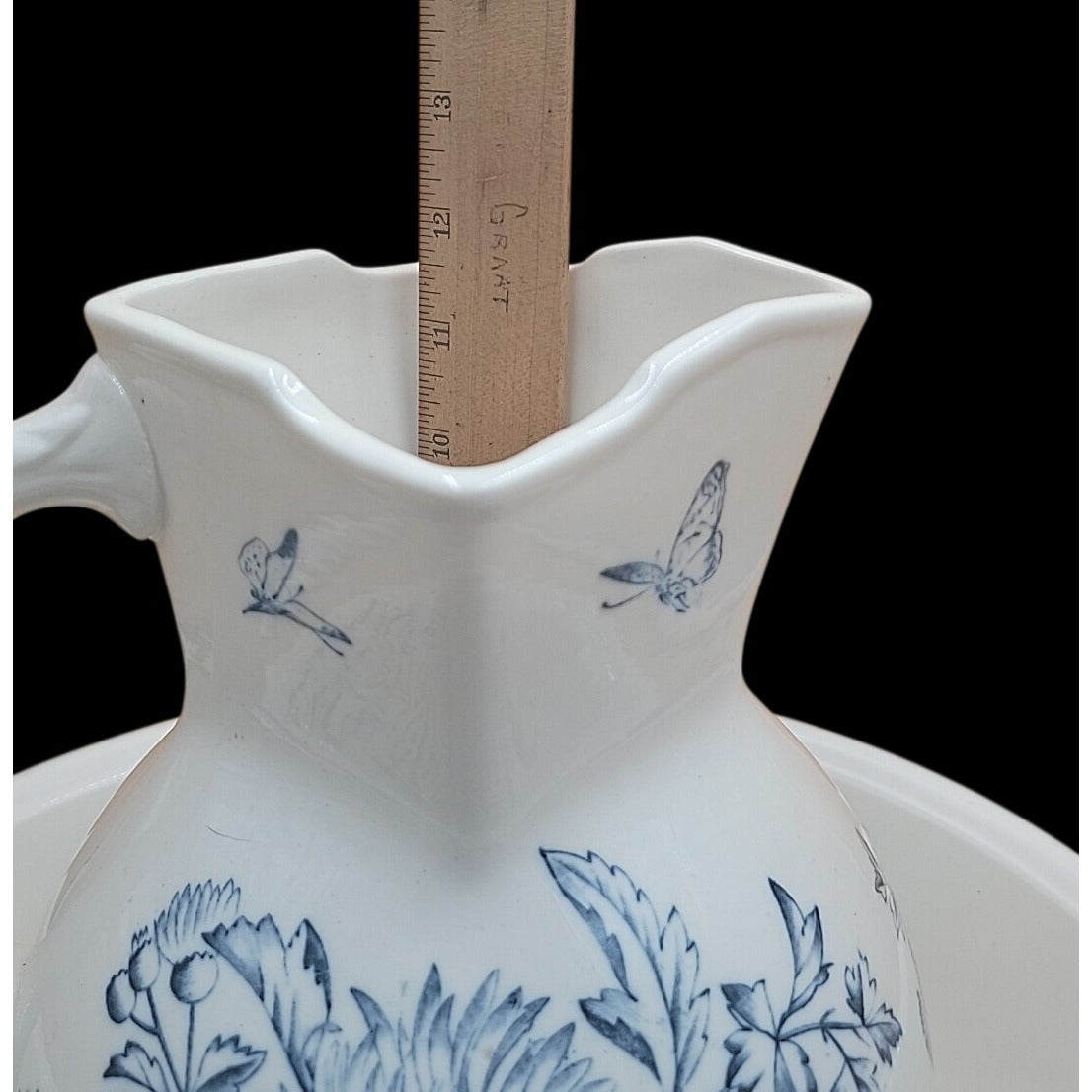 Antique Keeling Co Ironstone Wash Basin Pitcher Set Blue White Floral Butterfly