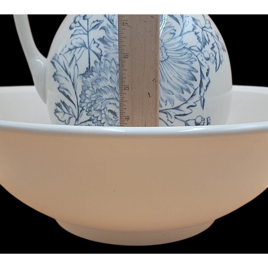 Antique Keeling Co Ironstone Wash Basin Pitcher Set Blue White Floral Butterfly