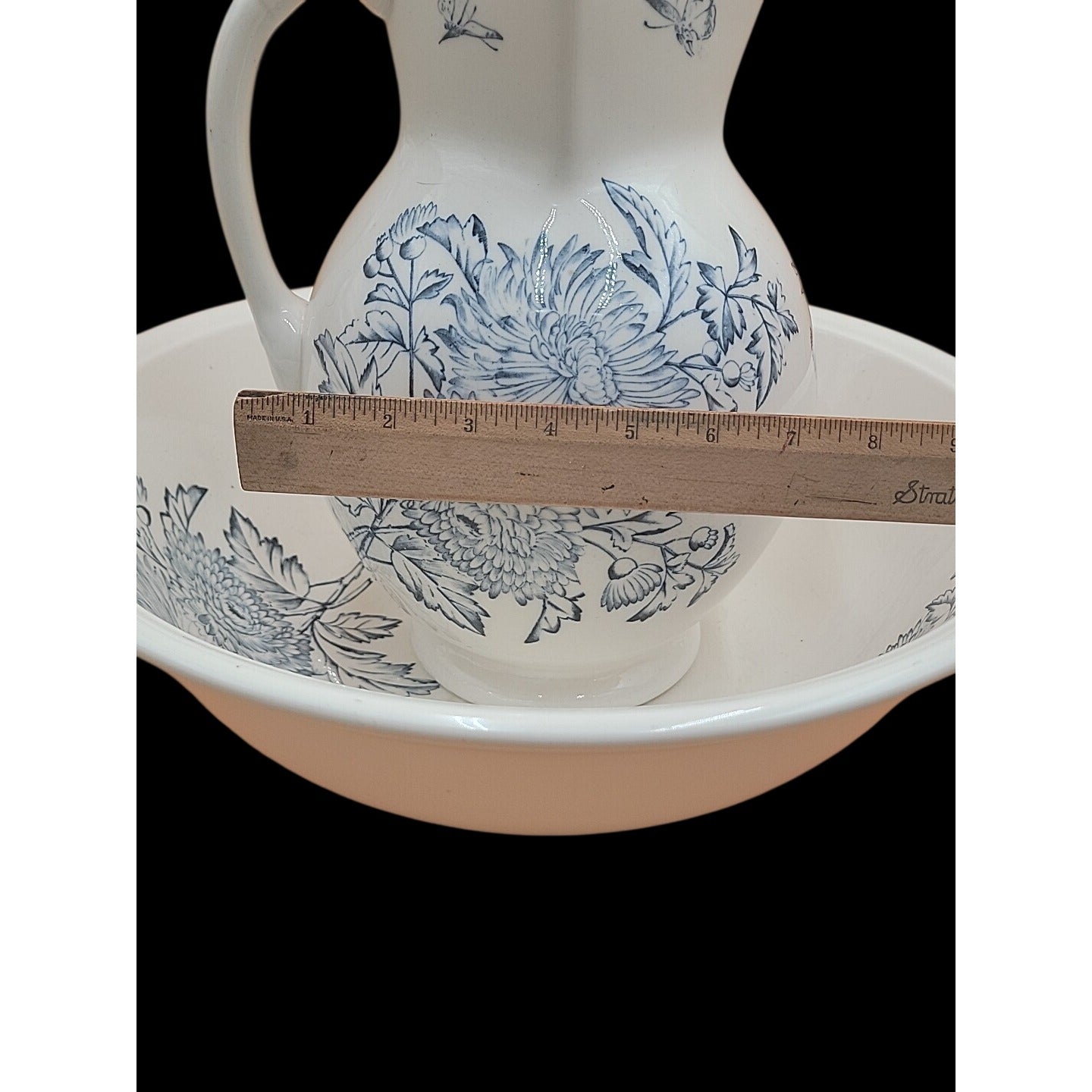 Antique Keeling Co Ironstone Wash Basin Pitcher Set Blue White Floral Butterfly