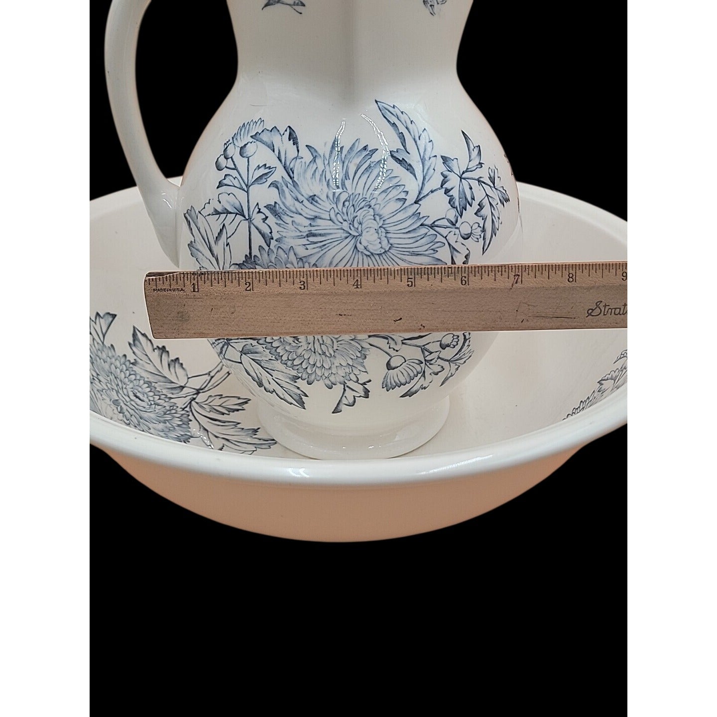 Antique Keeling Co Ironstone Wash Basin Pitcher Set Blue White Floral Butterfly