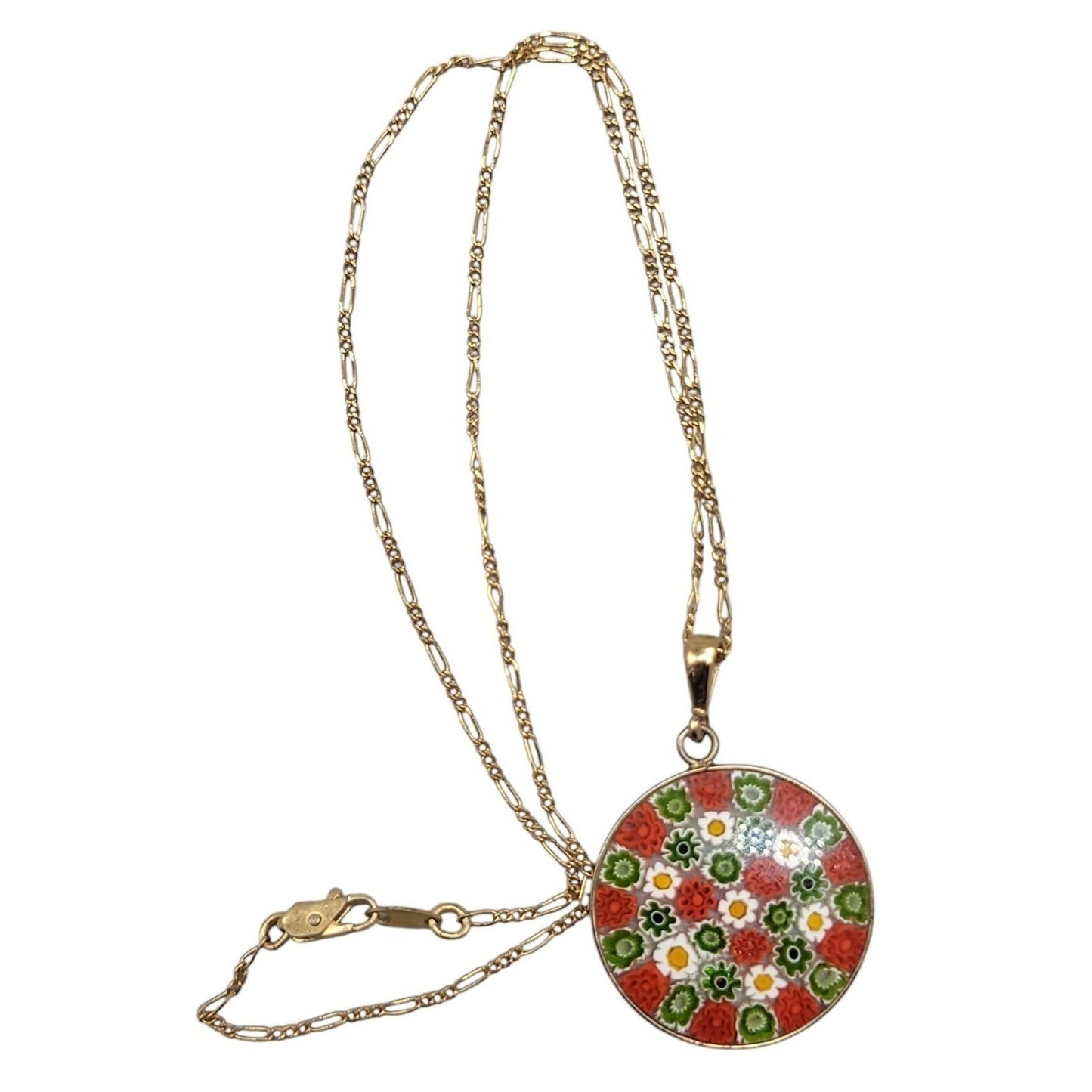 Millefiori Pendant Necklace 24kgp on 925 16" 24KHR Figaro Chain Handcrafted