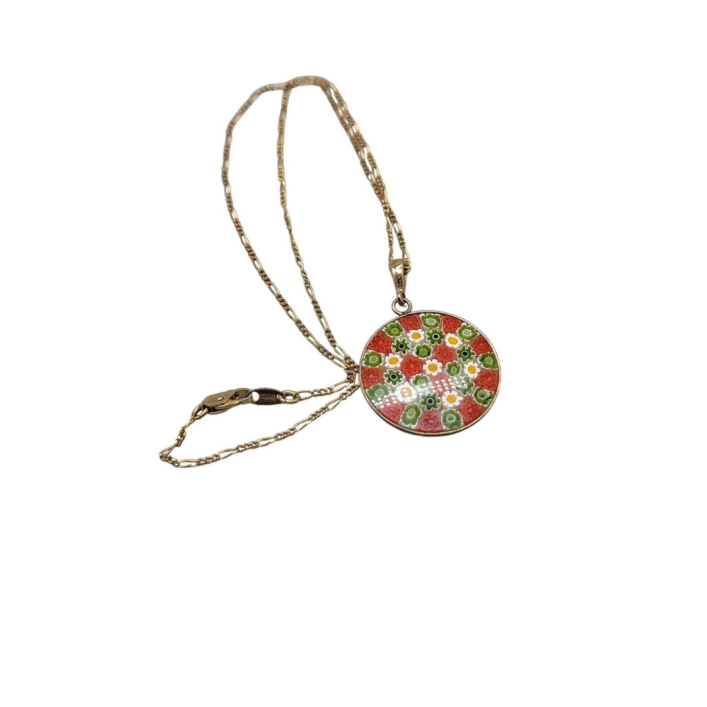 Millefiori Pendant Necklace 24kgp on 925 16" 24KHR Figaro Chain Handcrafted