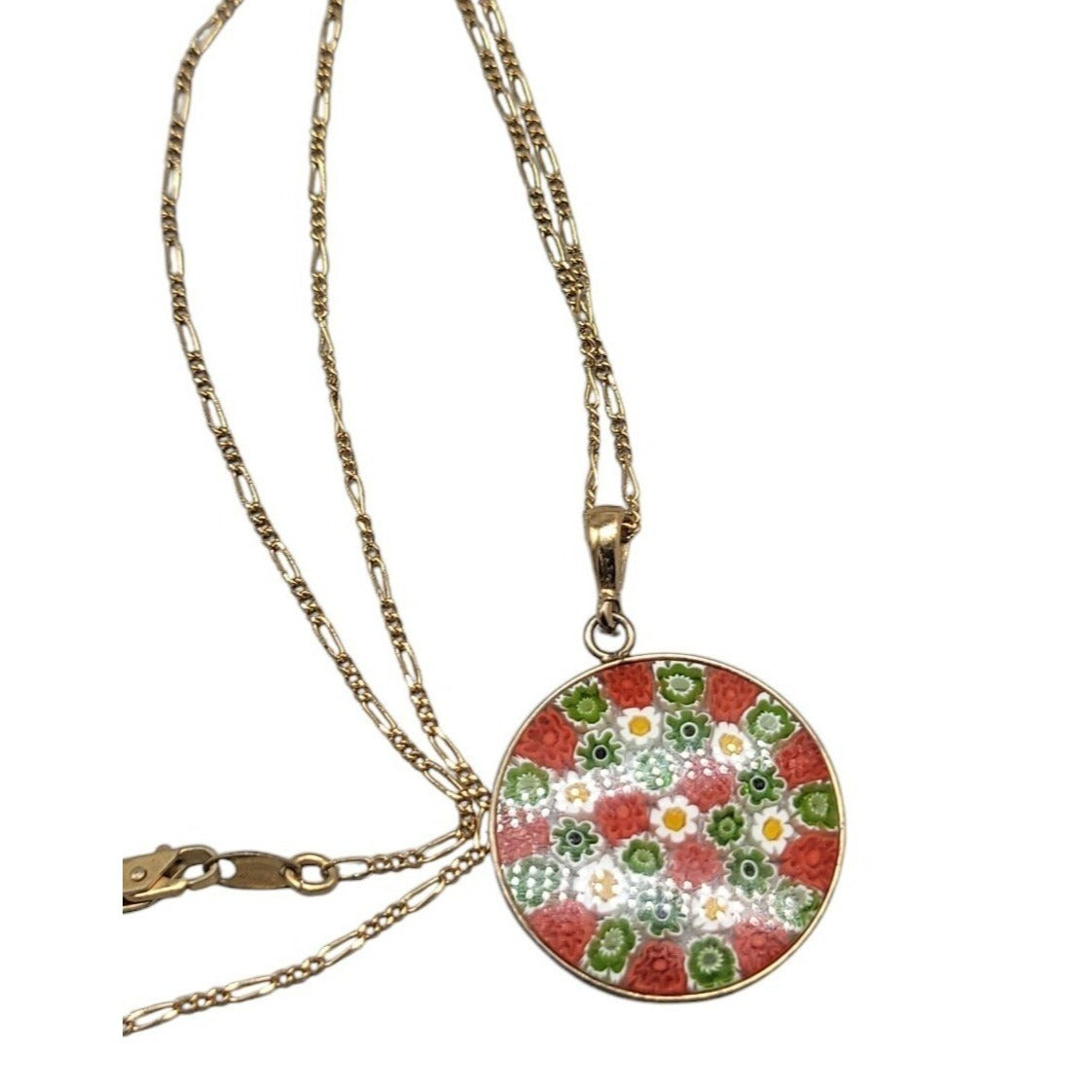 Millefiori Pendant Necklace 24kgp on 925 16" 24KHR Figaro Chain Handcrafted