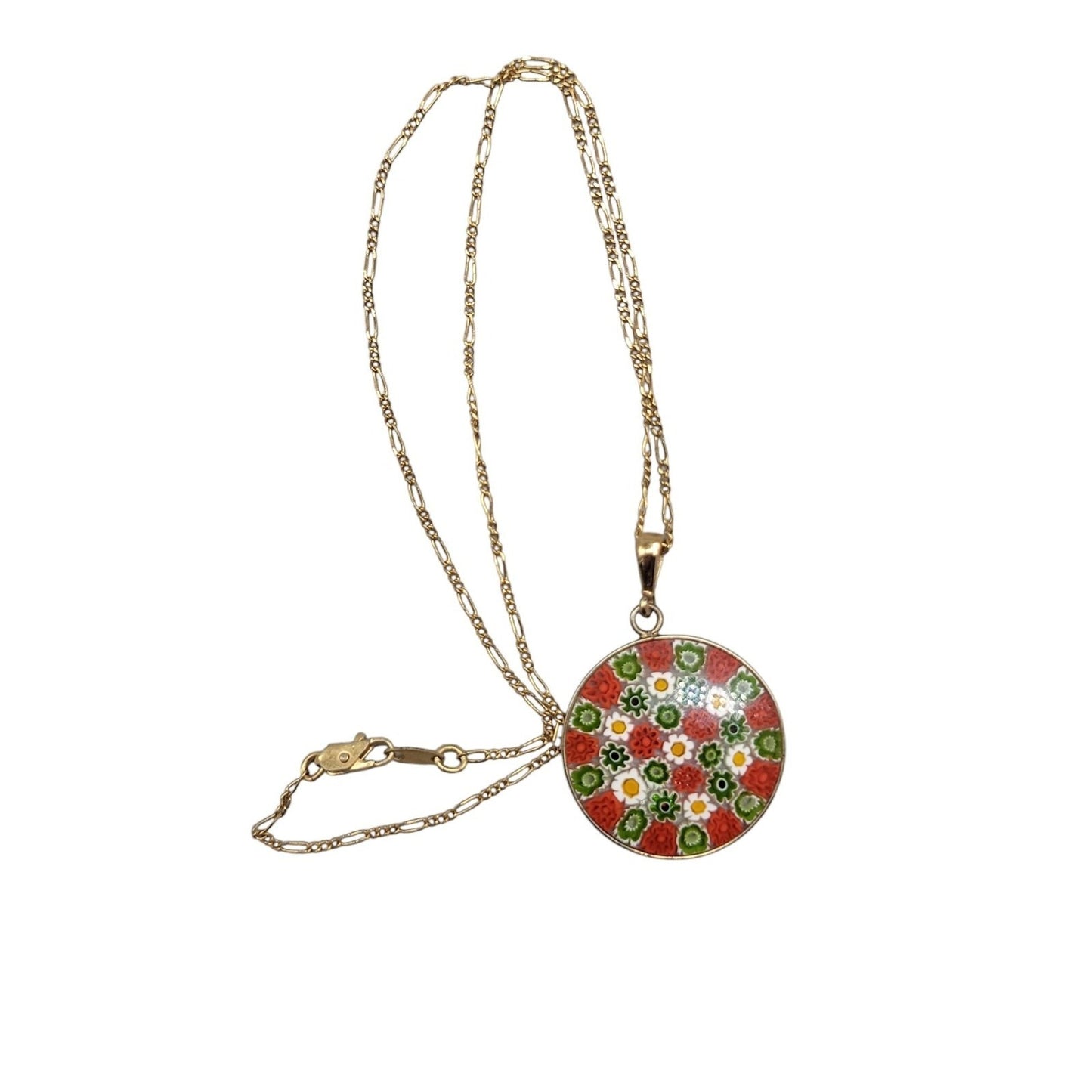 Millefiori Pendant Necklace 24kgp on 925 16" 24KHR Figaro Chain Handcrafted