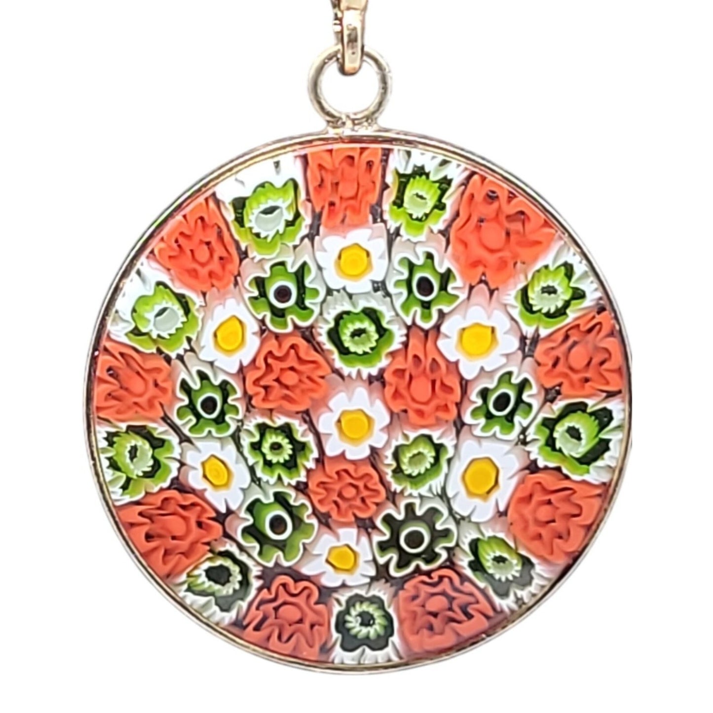 Millefiori Pendant Necklace 24kgp on 925 16" 24KHR Figaro Chain Handcrafted