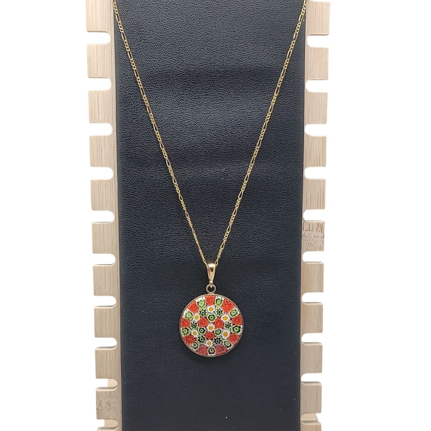Millefiori Pendant Necklace 24kgp on 925 16" 24KHR Figaro Chain Handcrafted