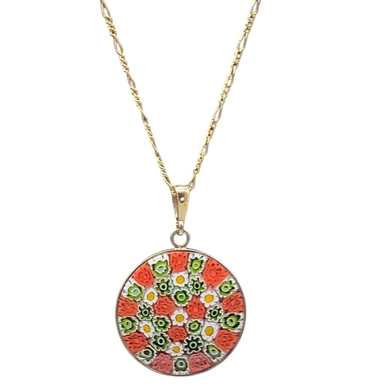 Millefiori Pendant Necklace 24kgp on 925 16" 24KHR Figaro Chain Handcrafted