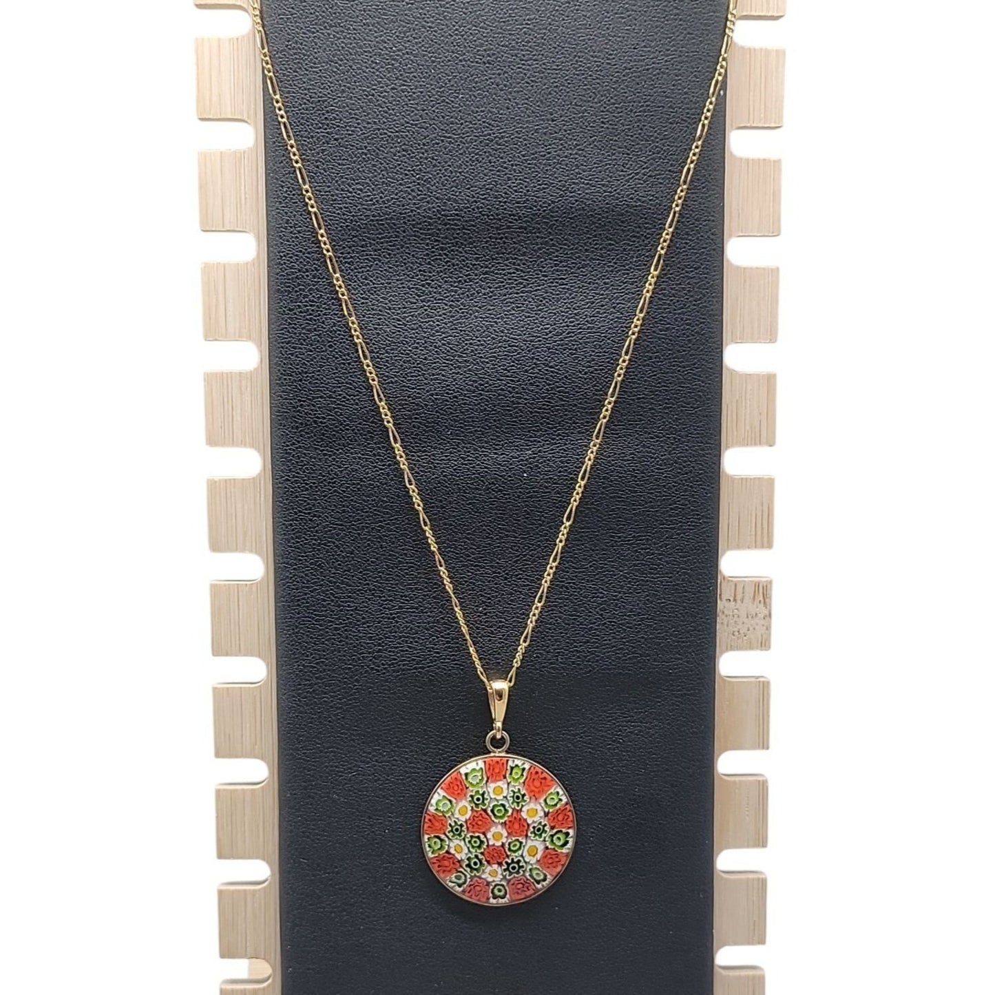 Millefiori Pendant Necklace 24kgp on 925 16" 24KHR Figaro Chain Handcrafted