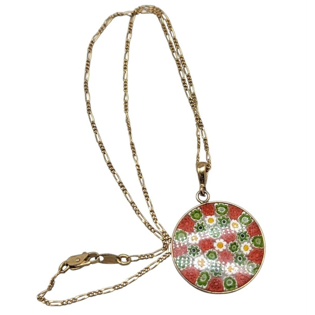 Millefiori Pendant Necklace 24kgp on 925 16" 24KHR Figaro Chain Handcrafted