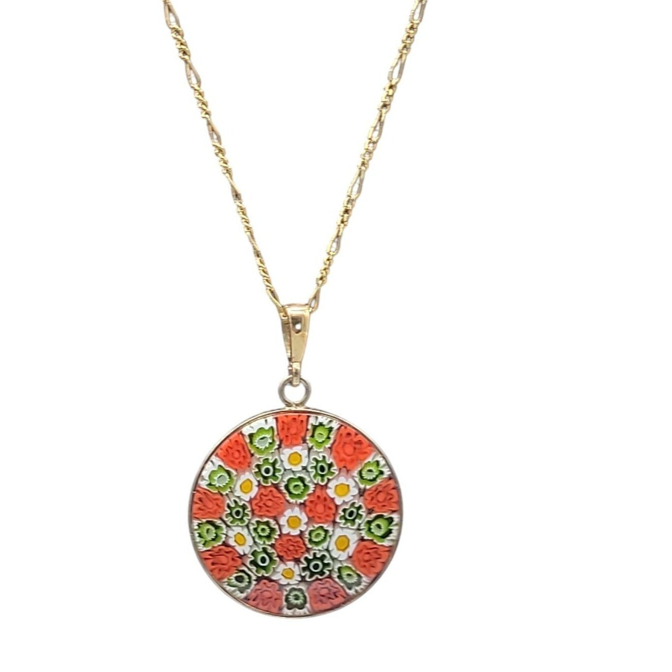 Millefiori Pendant Necklace 24kgp on 925 16" 24KHR Figaro Chain Handcrafted