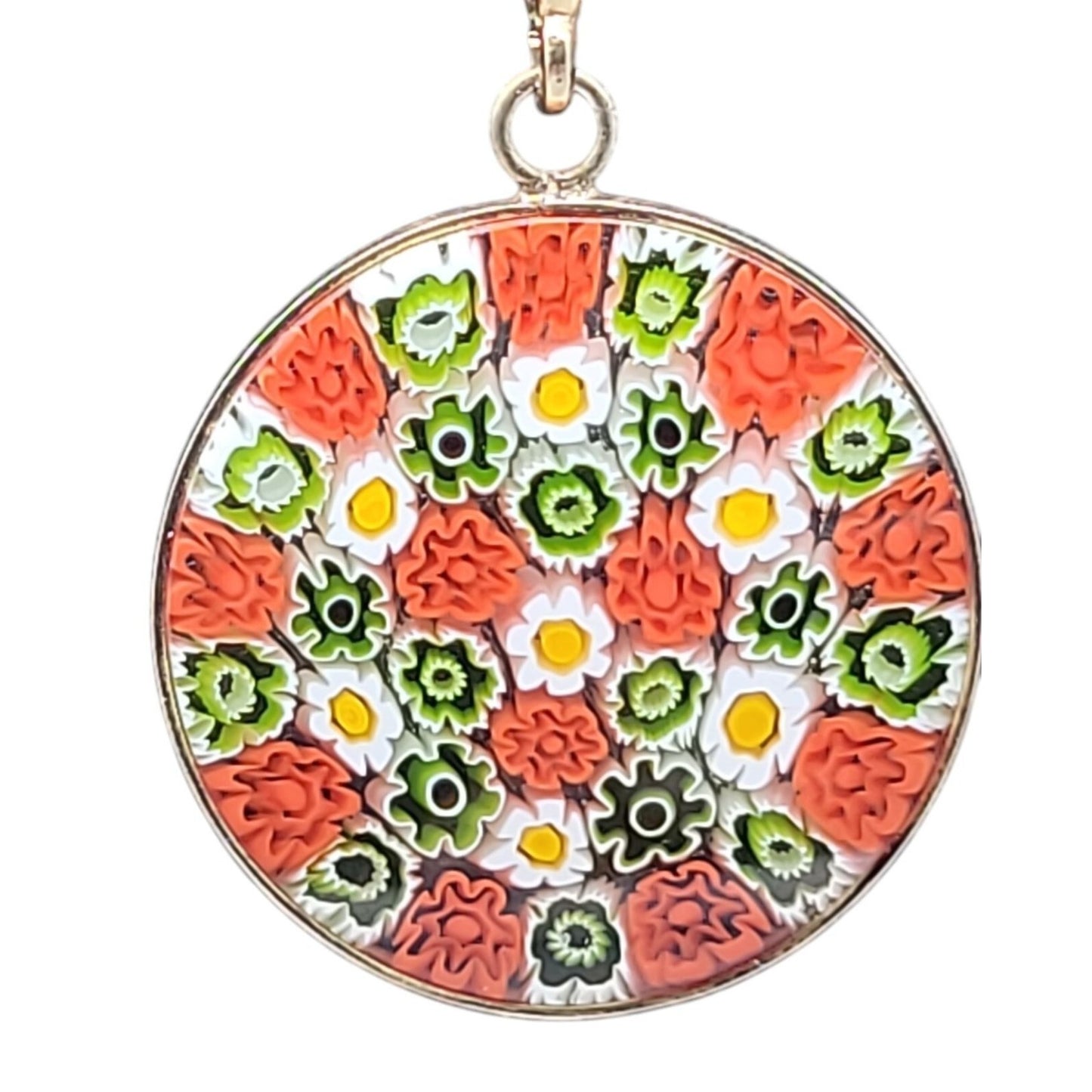 Millefiori Pendant Necklace 24kgp on 925 16" 24KHR Figaro Chain Handcrafted