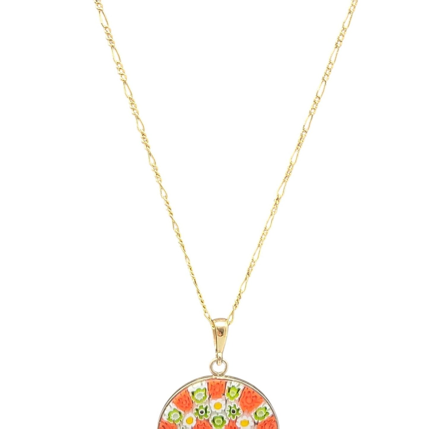 Millefiori Pendant Necklace 24kgp on 925 16" 24KHR Figaro Chain Handcrafted