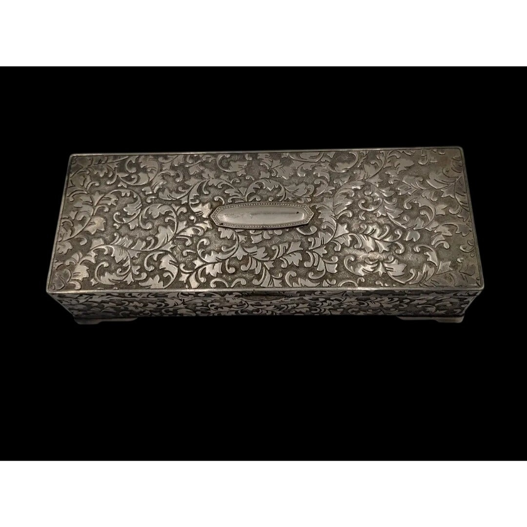 International Silver Company Ornate Repoussé Silver Jewelry Box 9"x 3.5" Vintage