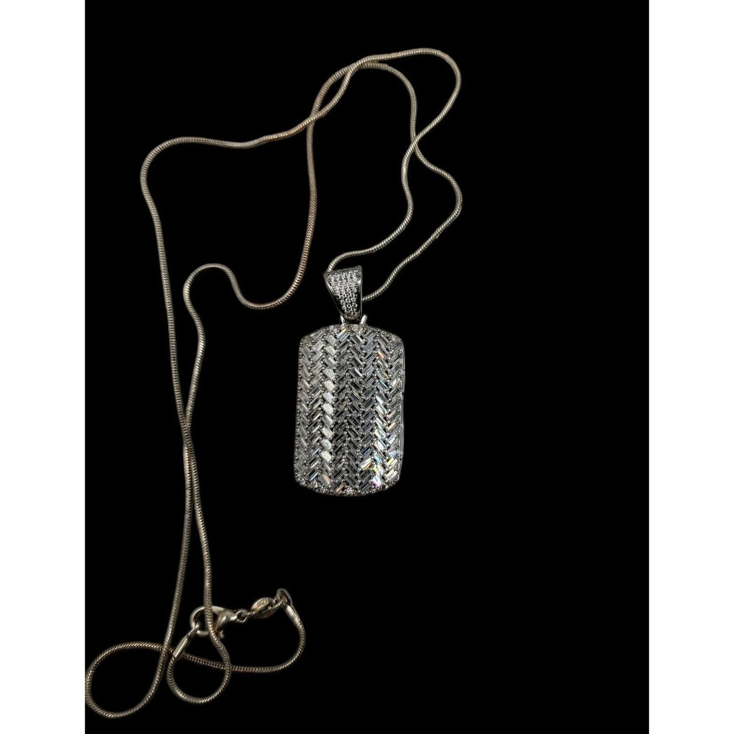 Sterling Silver CZ Chevron Pendant Necklace 925 Pave Dog Tag Cubic Zirconia 24"