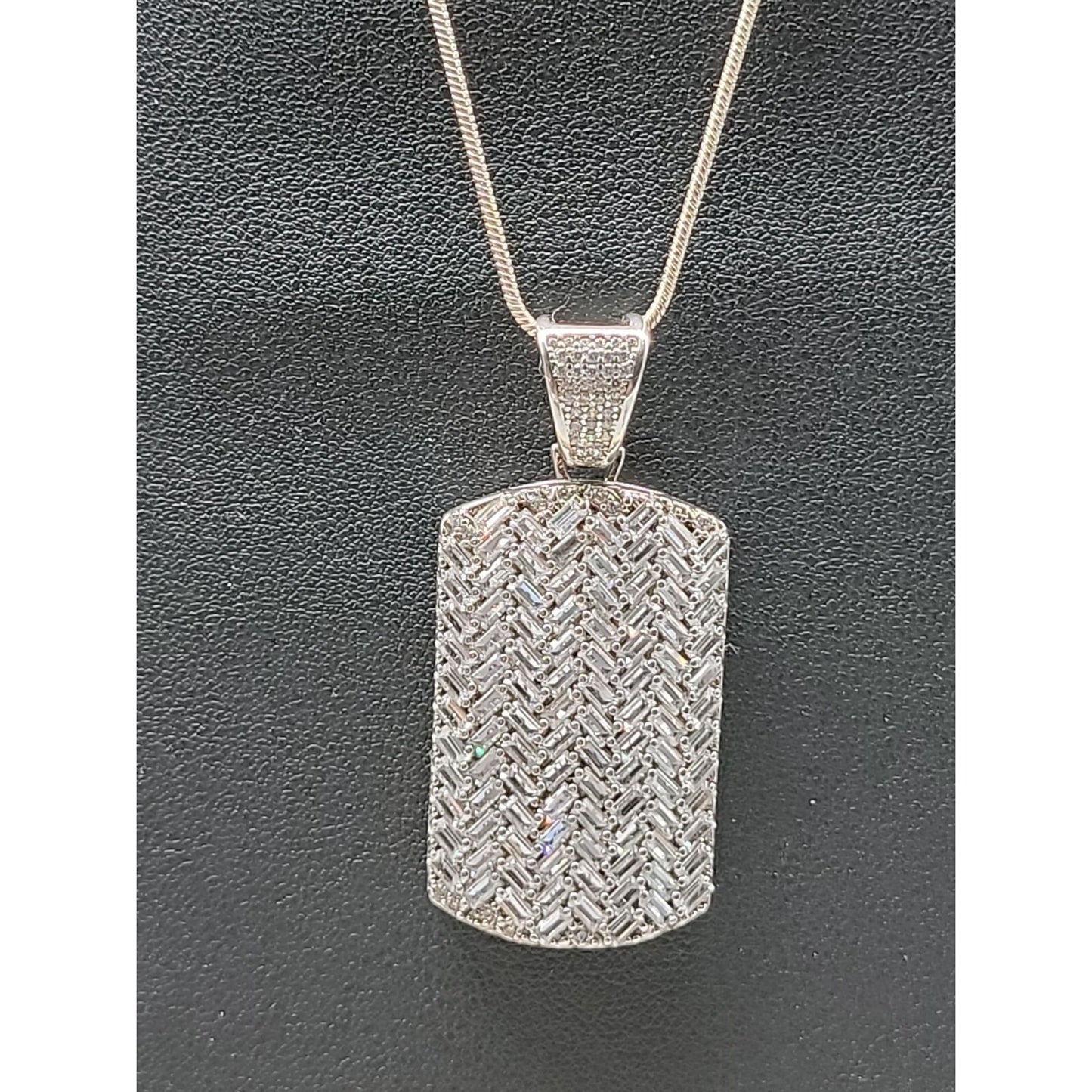 Sterling Silver CZ Chevron Pendant Necklace 925 Pave Dog Tag Cubic Zirconia 24"
