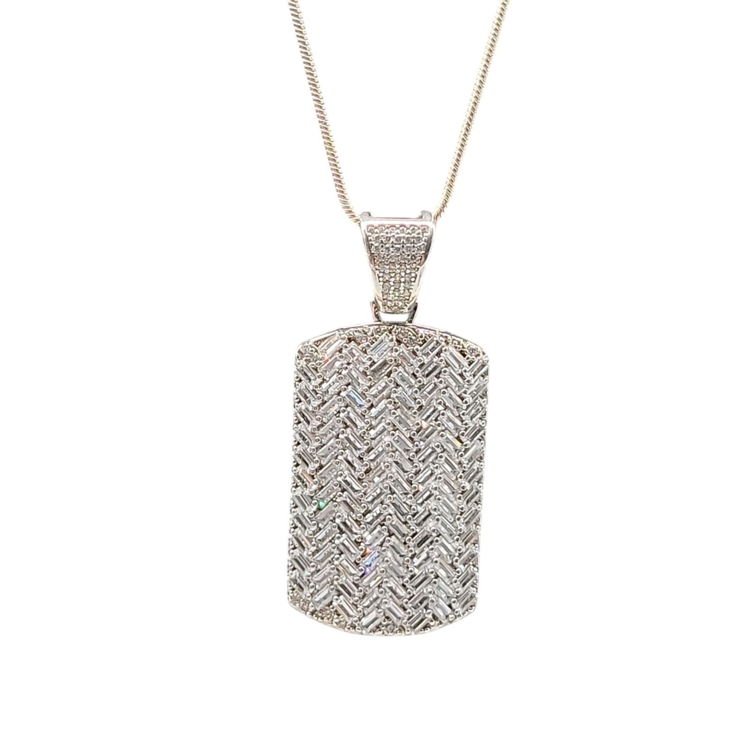 Sterling Silver CZ Chevron Pendant Necklace 925 Pave Dog Tag Cubic Zirconia 24"