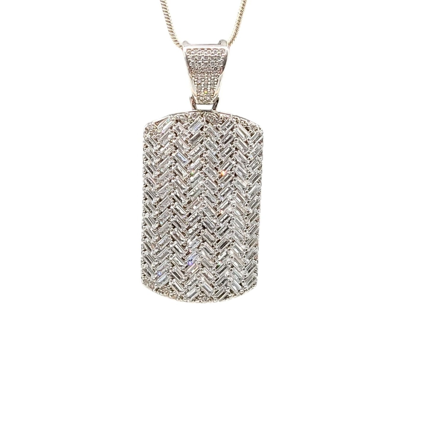 Sterling Silver CZ Chevron Pendant Necklace 925 Pave Dog Tag Cubic Zirconia 24"