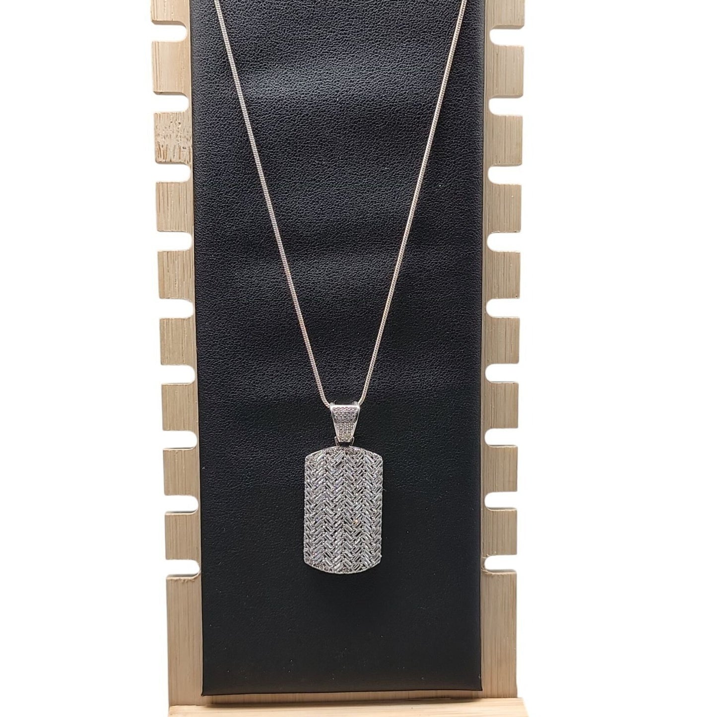 Sterling Silver CZ Chevron Pendant Necklace 925 Pave Dog Tag Cubic Zirconia 24"