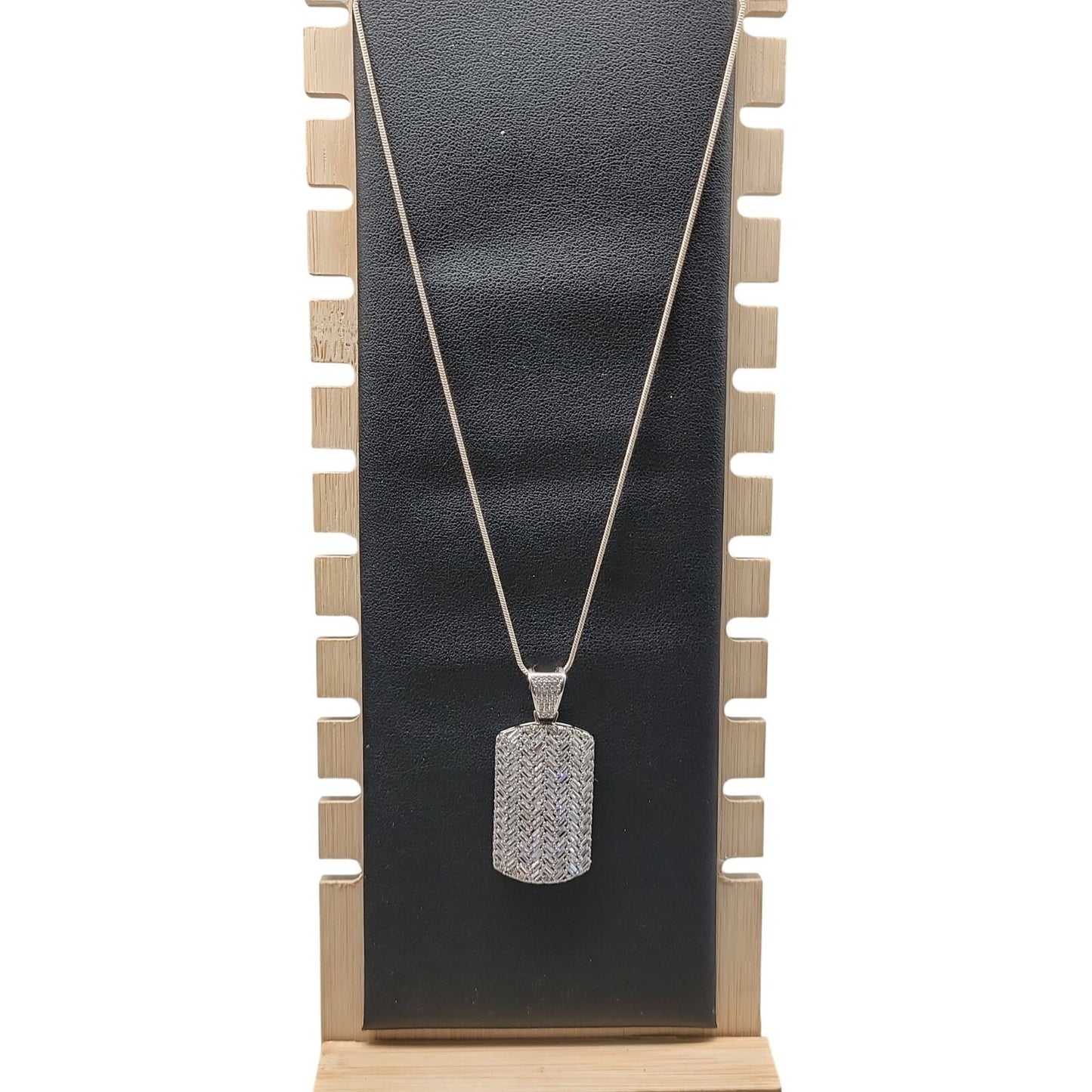 Sterling Silver CZ Chevron Pendant Necklace 925 Pave Dog Tag Cubic Zirconia 24"