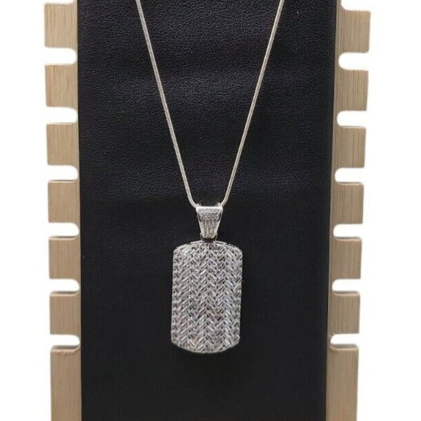 Sterling Silver CZ Chevron Pendant Necklace 925 Pave Dog Tag Cubic Zirconia 24"