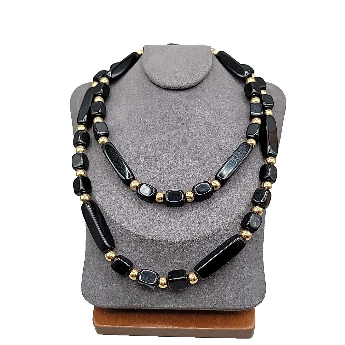 Trifari Black Square & Rectangle Bead Necklace Gold Tone Spacer Signed 31"