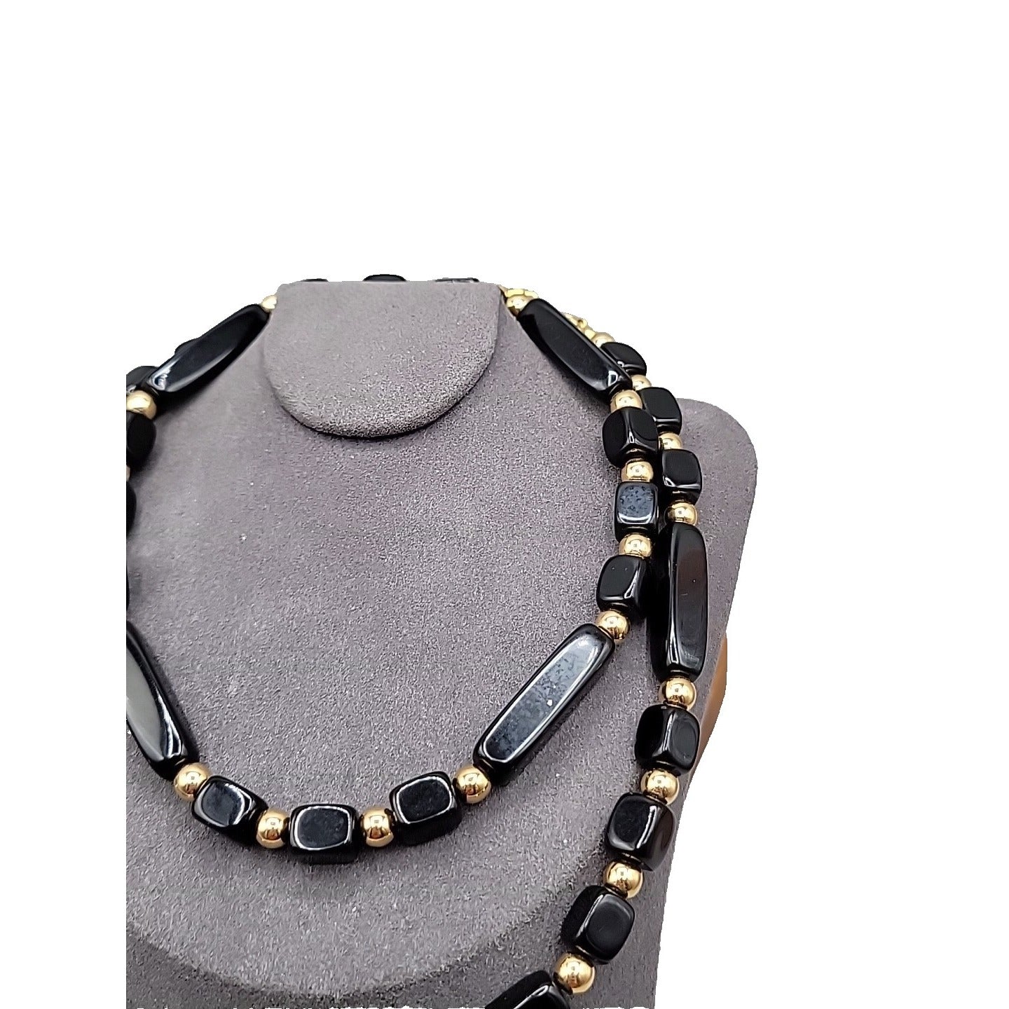 Trifari Black Square & Rectangle Bead Necklace Gold Tone Spacer Signed 31"