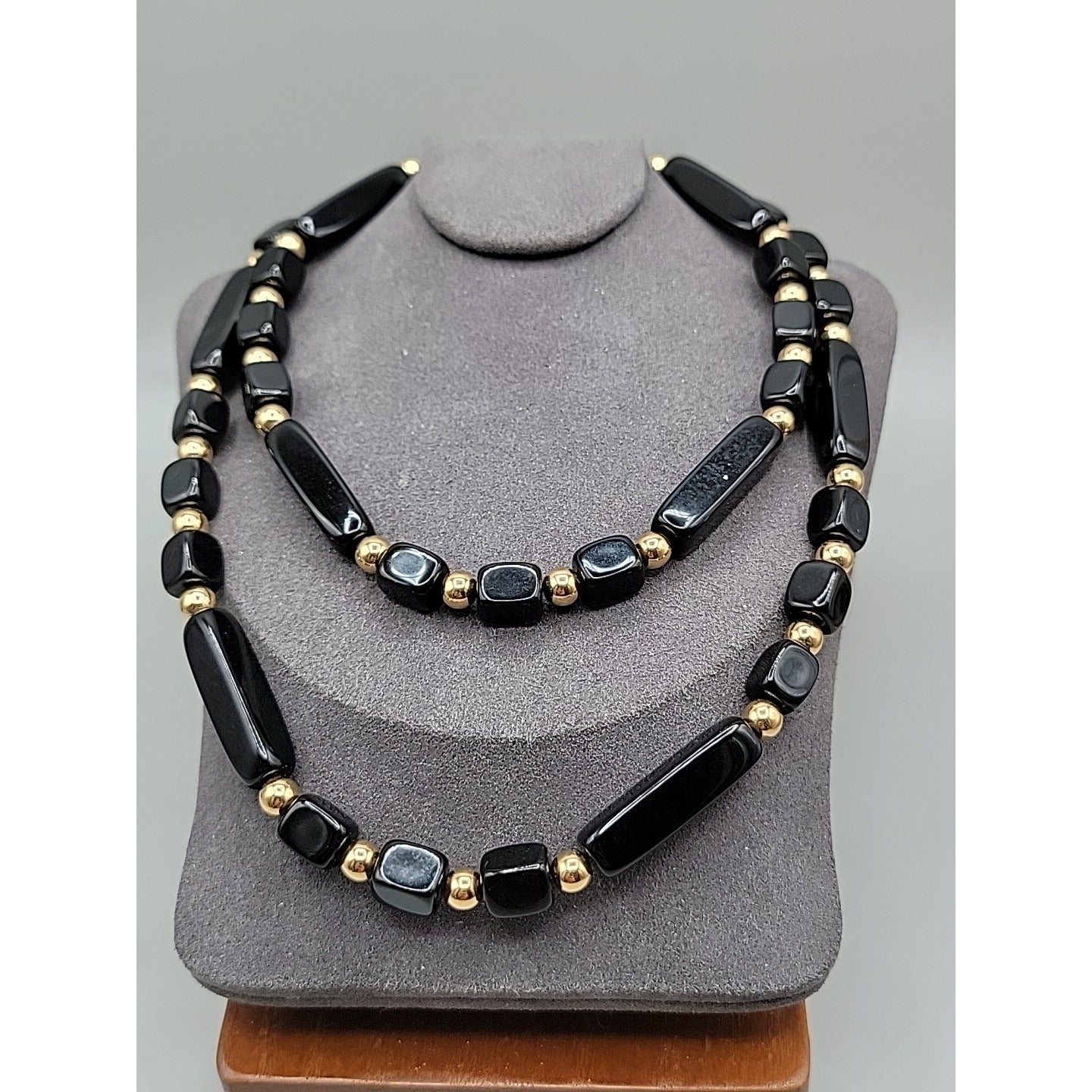 Trifari Black Square & Rectangle Bead Necklace Gold Tone Spacer Signed 31"