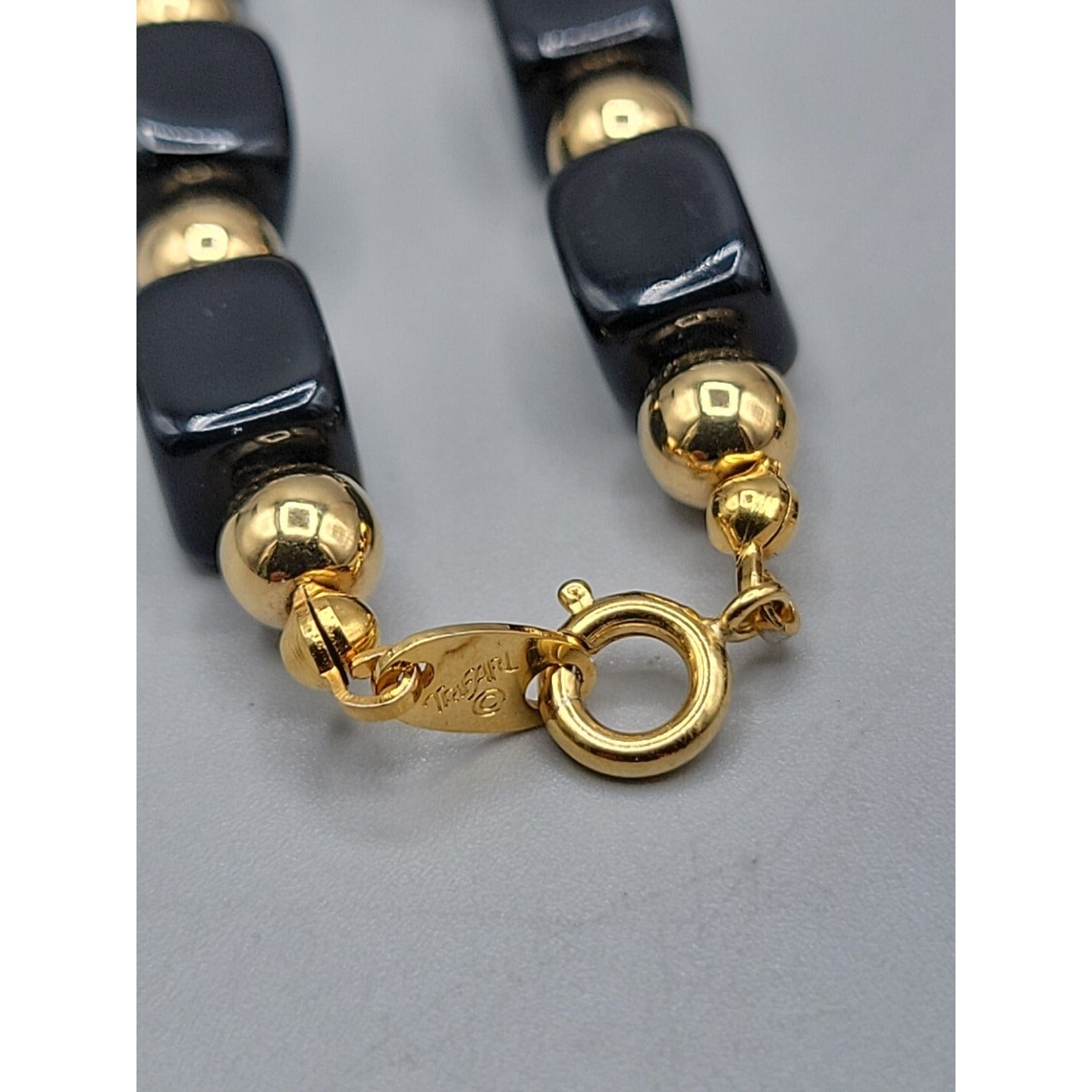 Trifari Black Square & Rectangle Bead Necklace Gold Tone Spacer Signed 31"