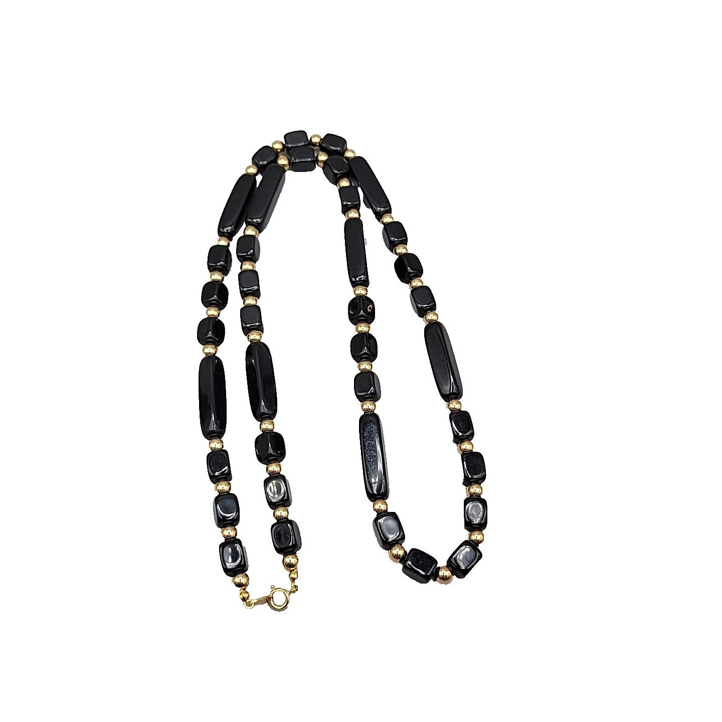Trifari Black Square & Rectangle Bead Necklace Gold Tone Spacer Signed 31"