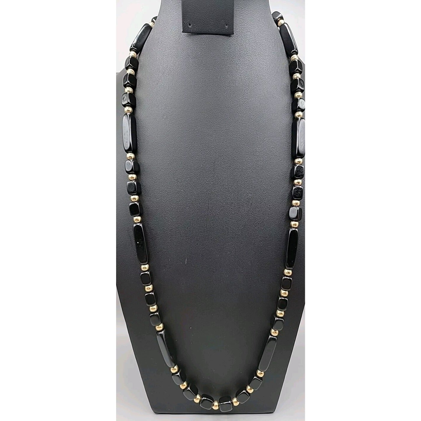Trifari Black Square & Rectangle Bead Necklace Gold Tone Spacer Signed 31"