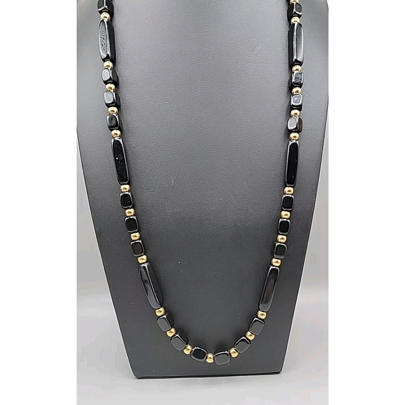 Trifari Black Square & Rectangle Bead Necklace Gold Tone Spacer Signed 31"
