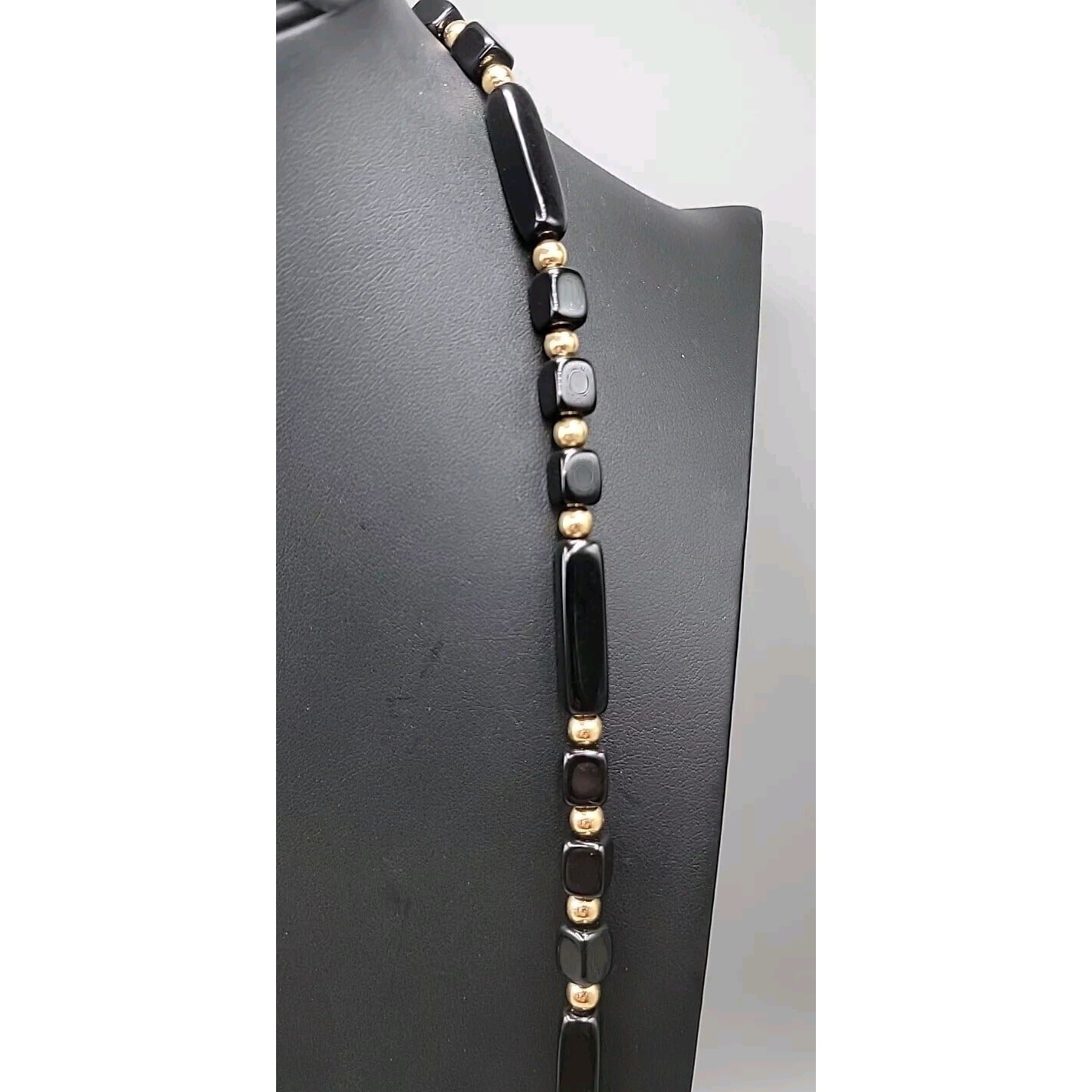 Trifari Black Square & Rectangle Bead Necklace Gold Tone Spacer Signed 31"