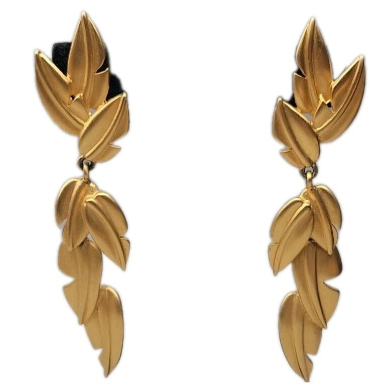 Vintage Givenchy Matte Gold Plated Tiered Leaf Drop Earrings 1980s Botanicals