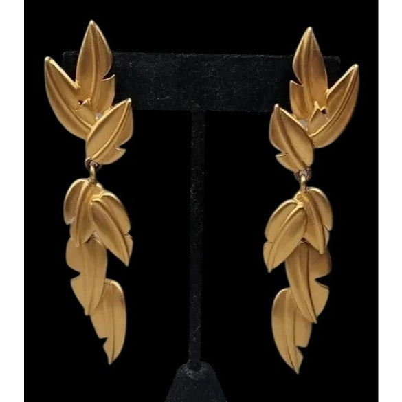 Vintage Givenchy Matte Gold Plated Tiered Leaf Drop Earrings 1980s Botanicals