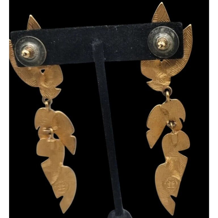 Vintage Givenchy Matte Gold Plated Tiered Leaf Drop Earrings 1980s Botanicals