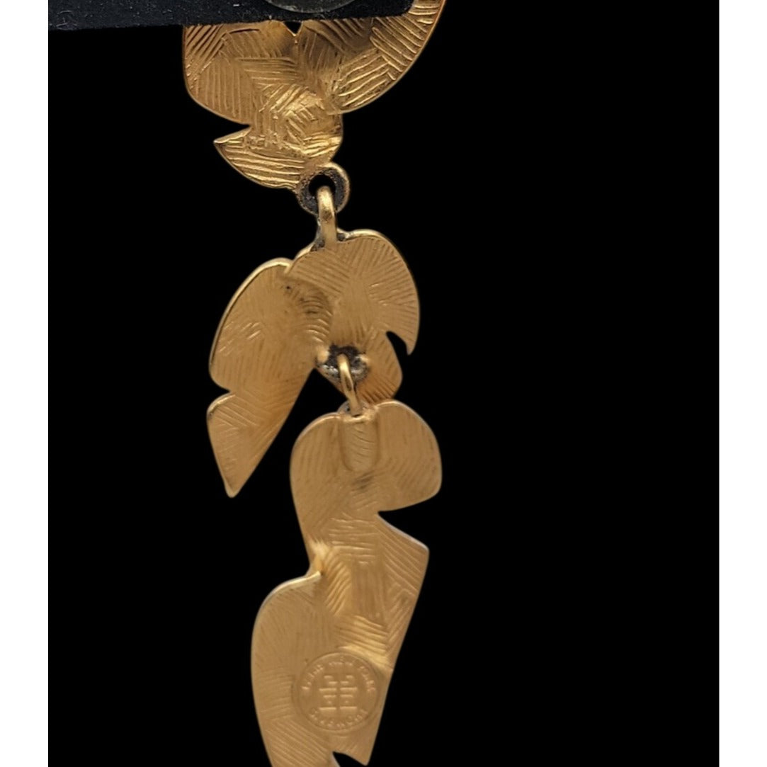 Vintage Givenchy Matte Gold Plated Tiered Leaf Drop Earrings 1980s Botanicals